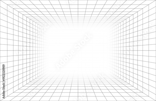 Empty futuristic digital box room. Wireframe grid template in perspective