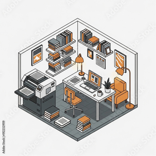Isometric illustration of a modern office workspace with computer and printer.