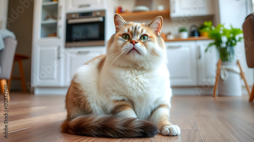 The fat cat in living room at home, space for text. kitchen in the background. Cute pet concept. cat sitting on the floor at home. Copy space, close up. Adorable domestic pet