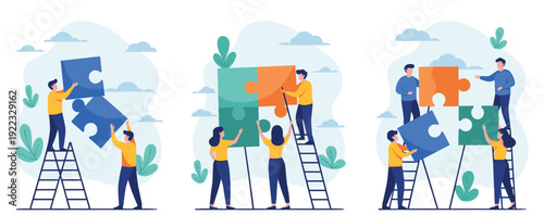 Flat vector illustration set of business teamwork and collaboration with people connecting jigsaw puzzle pieces on ladders for successful partnership and problem solving concept.