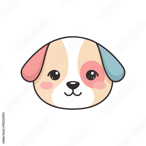 Cartoon illustration of a cute dog's face with pink and blue ears and rosy cheeks on a white background.
