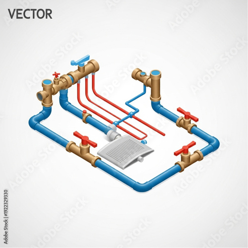 Complex plumbing system with pipes and valves diagram.