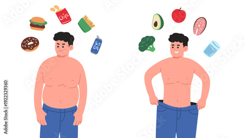 Flat vector illustration showing a male body transformation concept from overweight to fit physique. Ideal for health blogs, nutrition programs, fitness apps, medical articles, wellness campaigns