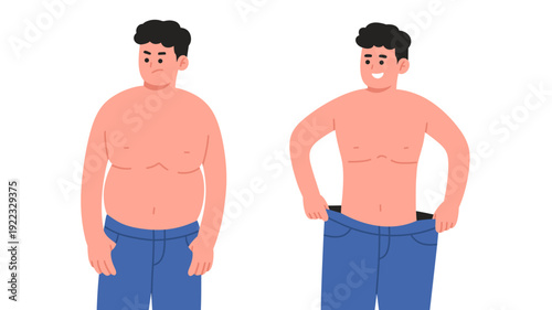 Flat vector illustration showing a male body transformation from overweight to fit physique. Ideal for health blogs, fitness programs, medical articles,nutrition guides, wellness campaigns, motivation