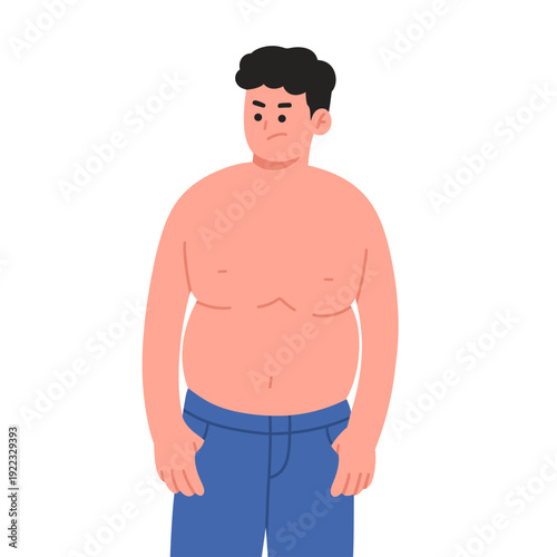 Overweight man with abdominal fat, unhealthy body shape concept, male obesity and weight gain illustration, flat vector cartoon character isolated on white background.