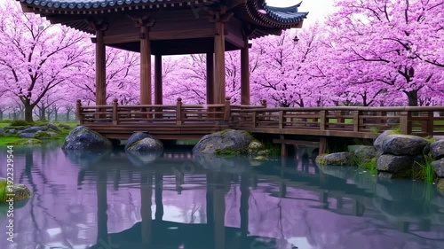 Serene Japanese Garden with Cherry Blossoms and Pagoda Reflection.