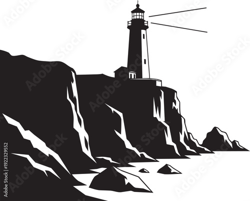 A black and white image of a lighthouse on a rocky cliff isolated on transparent background, Vector