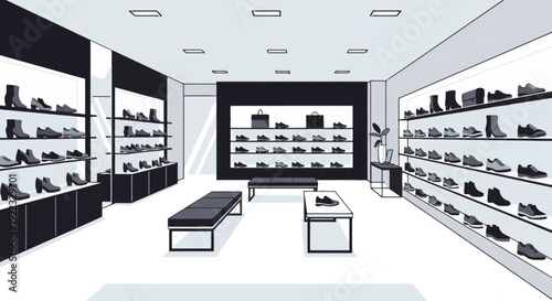 A stylish shoe store with neatly arranged shelves displaying various types of shoes, elegant lighting, and a modern design, featuring a clean, spacious environment with a mirror