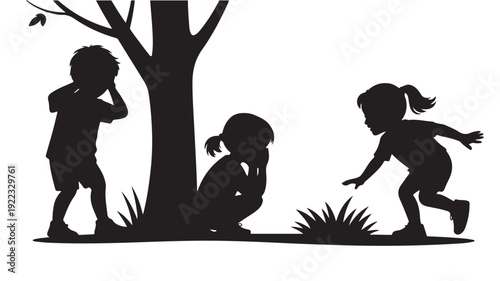 Children Playing Silhouettes in Black and White with Dynamic Movement for Outdoor Recreation
