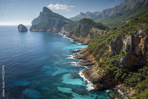Stunning coastal landscape with rocky shore and lush forests framing serene blue sea and majestic mountains under a clear sky, evoking tranquility and natural beauty for travel enthusiasts