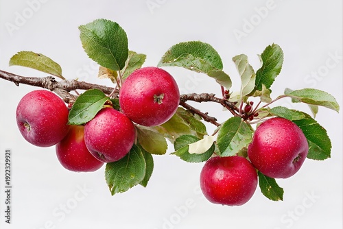 Shiny red apples with green leaves and water droplets on a light background creating a fresh and appetizing fruit display in a natural setting