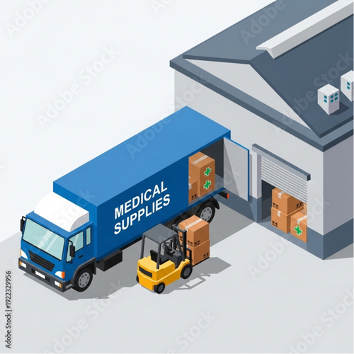 Medical supplies delivery truck unloading at warehouse facility.