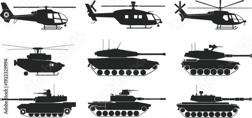 Military vehicle silhouettes illustration featuring helicopters and tanks in black design, concept of defense, war machinery, combat equipment, and armed forces technology