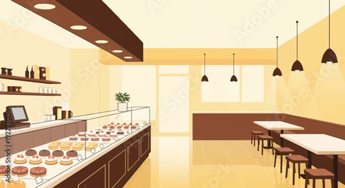 A charming dessert shop featuring an elegant display case filled with an array of delicious pastries, cakes, and treats, accompanied by simple, stylish seating