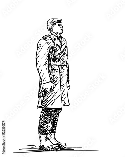 Royal guard in traditional uniform, Sweden. Vector sketch of ceremonial soldier in historic attire, Hand drawn illustration