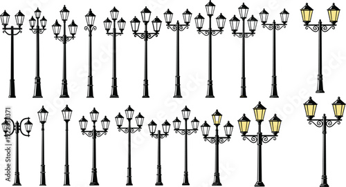 Flat vector illustration set of detailed vintage street lamps and ornate outdoor garden lantern posts with classic black metal designs isolated on white background.