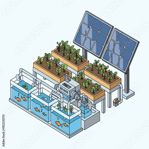 Aquaponics System with Solar Panels Illustration.