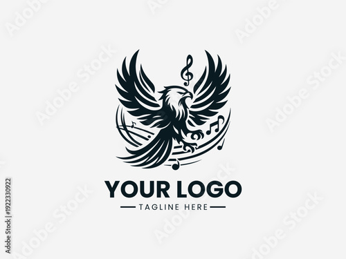 Black logo illustration of a bird with music notes on a white background with space for custom text
