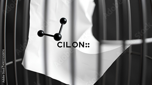 Clonidine molecule. It is useful for the treatment of hypertension, severe pain, and ADHD. Sheet of paper in a cage. Structural chemical formula and molecule model
