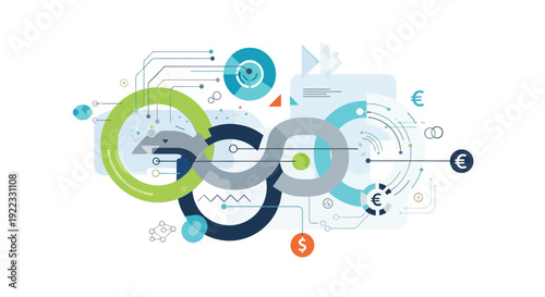 Abstract Digital Finance Flow, Continuous Business Process, and Fintech Connection Loop. Global Currency, Data Network, and Modern Technology Diagram.