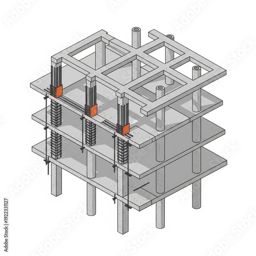 Isometric illustration of a multi-story building structure with reinforced columns.