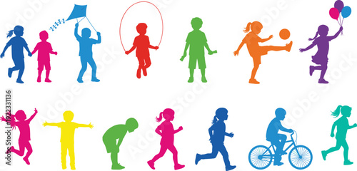 Vector illustration collection of colorful children silhouettes playing sports jumping running riding bicycle and flying kite isolated on white for childhood activity concepts