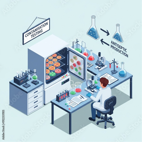Scientist conducting contamination testing and synthetic production in a laboratory setting with various equipment and samples.