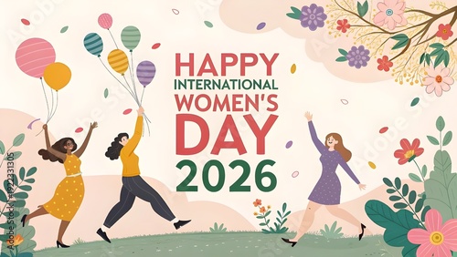 Happy International Women’s Day 2026 Wishes Image with Elegant Typography, Purple Theme, Floral Design, Celebration of Women Empowerment, Feminism, Equality, Strength, and Inspiration