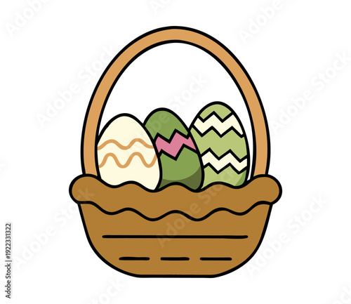 Easter basket holding three colorful decorated eggs, symbolizing spring, new life, and holiday celebration