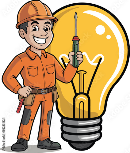 Cartoon electrician character illustration, professional tradesperson artwork, electrical worker mascot design, maintenance service concept, light bulb symbol background