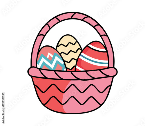 Easter basket holding three colorful decorated eggs, symbolizing spring, new life, and holiday celebration