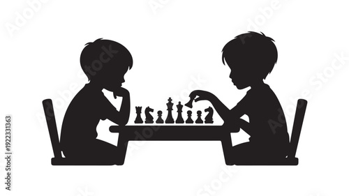 Children Playing Chess in Silhouette with Dramatic Lighting on White Background for Educational Content