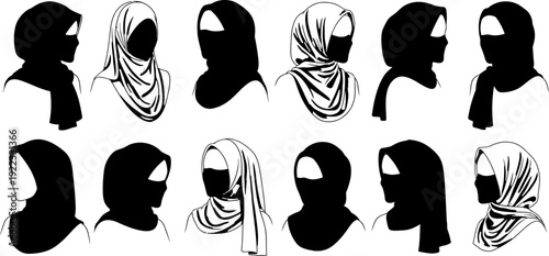 Variety of black and white hijab and niqab styles for women