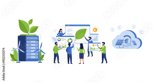 Sustainability Business Strategy, Green IT, and Renewable Energy Investment. Corporate team analyzing ESG data for eco-friendly data centers and solar finance.