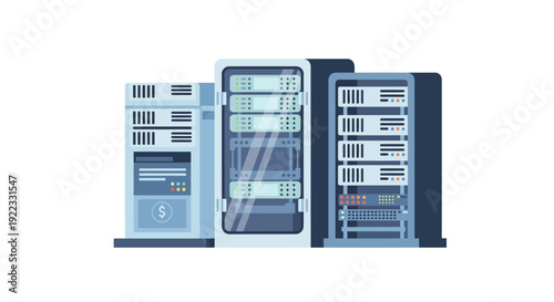 Data Center Server Racks Vector Illustration. Web Hosting, Cloud Computing, and Network Infrastructure Technology