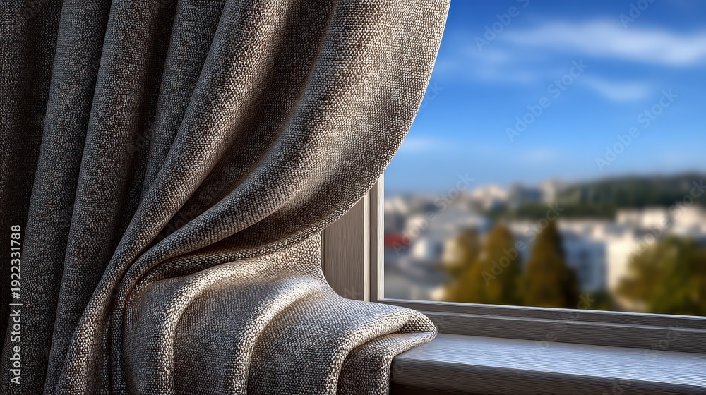 Fototapeta premium Elegant Textured Curtain Draped Over a Sunlit Window Sill