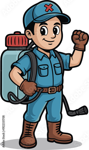 Cartoon pest control worker character, professional exterminator mascot illustration, insect removal service artwork, confident tradesperson design, spraying equipment concept