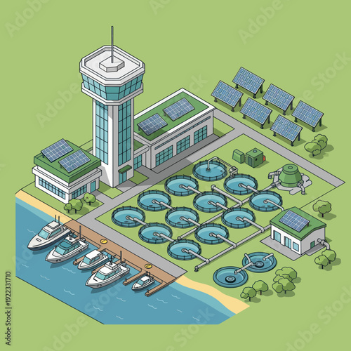 Water Treatment Plant with Solar Panels and Marina.