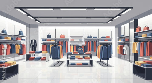 modern clothing store with neatly arranged racks and shelves showcasing a variety of colorful clothing, including shirts, dresses, and accessories, creating a stylish and organized shopping experience