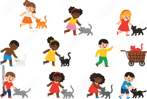 Cartoon vector collection of diverse children playing with and petting various cats and kittens isolated on white for animal care and childhood concepts