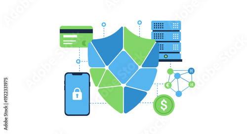 Digital Cybersecurity and Data Protection Concept. Shield protecting server data, mobile banking, online payments, and financial transactions.