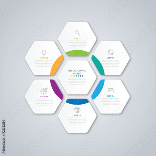Modern infographic template design with 6 steps. Business hexagon template with options for diagram, workflow, timeline, web design.