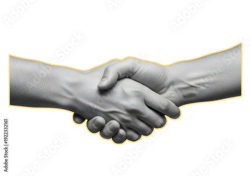 Trendy retro halftone collage with human hands shaking. Halftone collage element on transparent background.