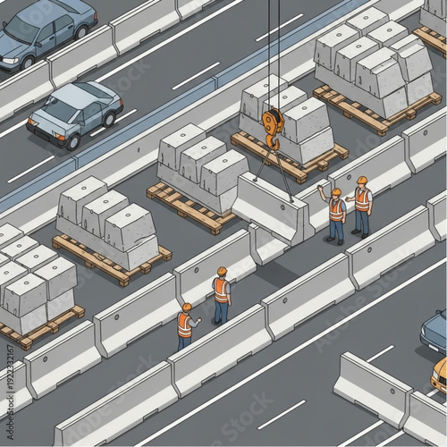 Construction workers placing concrete barriers on highway.