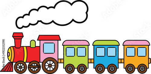 Colorful cartoon toy steam train locomotive with red engine puffing white smoke pulling green blue and yellow passenger carriage illustration