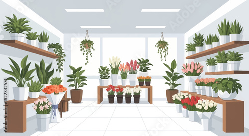 A bright and cheerful flower shop filled with a variety of vibrant plants and flowers in white and terracotta pots, arranged neatly on shelves and tables, creating a welcoming and fresh atmosphere