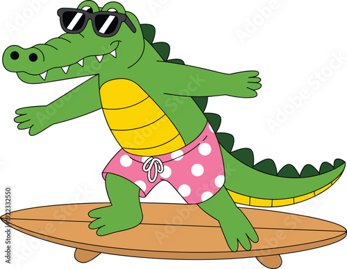 Cool green cartoon crocodile character wearing sunglasses and pink polka dot swim trunks happily riding a wooden surfboard vector illustration