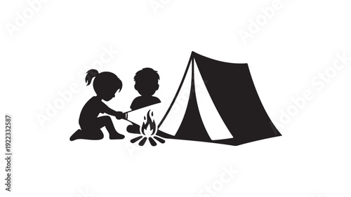 Children Camping Silhouette Peaceful Black Illustration Simple Tent Scene for Outdoor Adventure