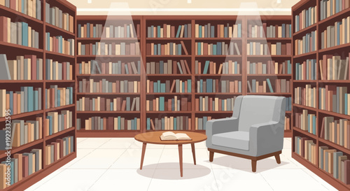 A quiet bookstore interior with tall bookshelves organized books reading area clean floor soft lighting minimal vector illustration flat design uncluttered composition
