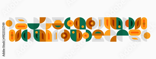 Abstract geometric pattern. Shapes overlap, creating midcentury modern aesthetic. Warm colors dominate design.